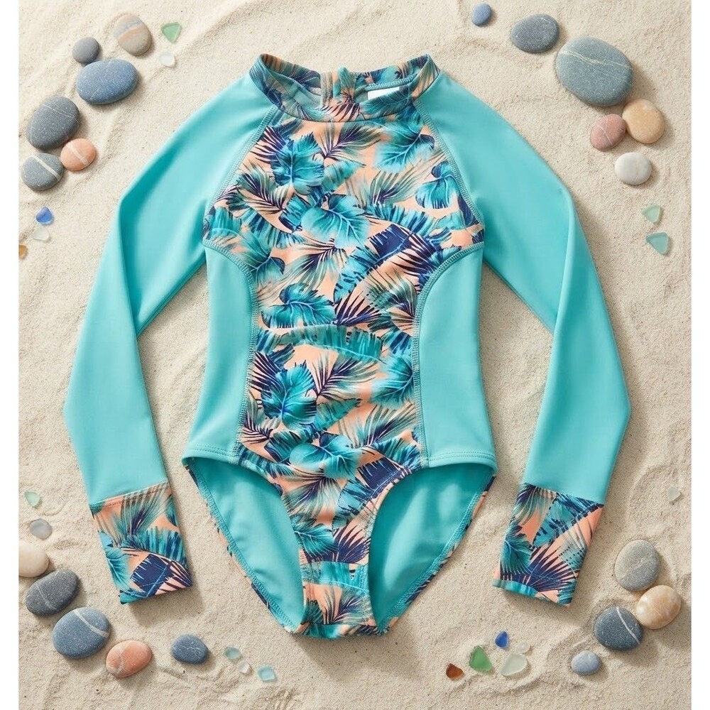 Girls Long Sleeve Rash Guard One Piece Swimsuit Teal Palm Size Medium 7/8
